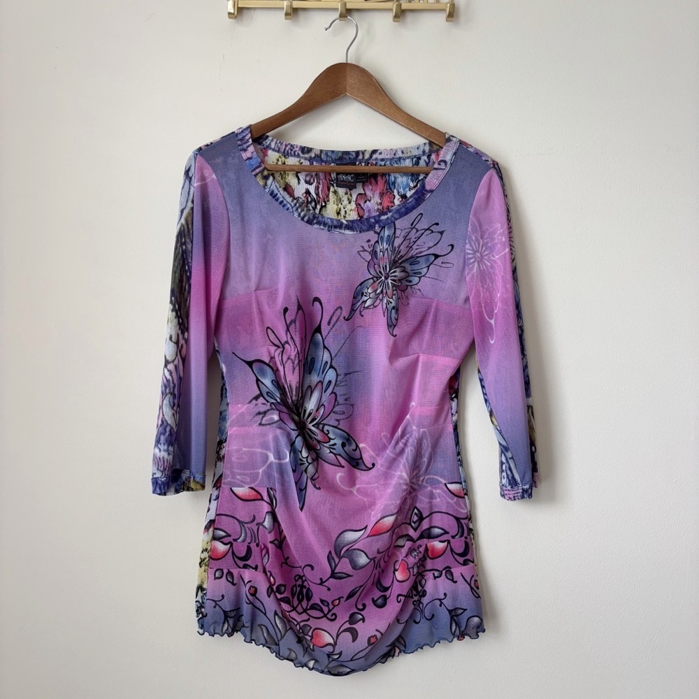 Anac by Kimi Floral Draped Front Mesh Tunic Large Purple